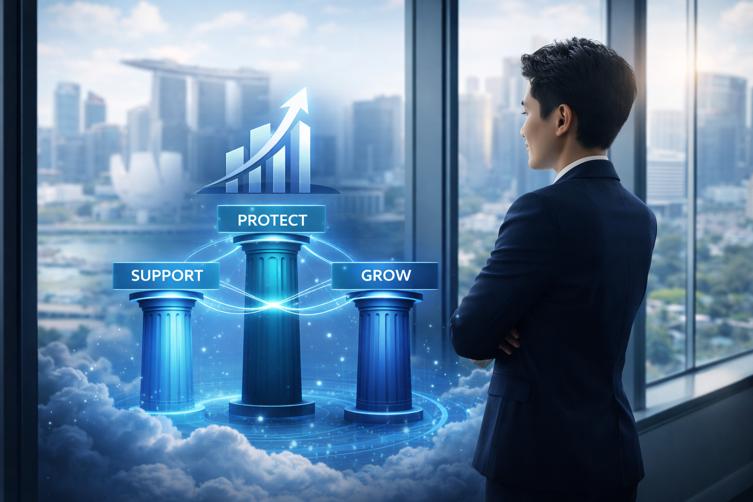 Asian business executive reviewing holographic Support Protect Grow framework in modern office