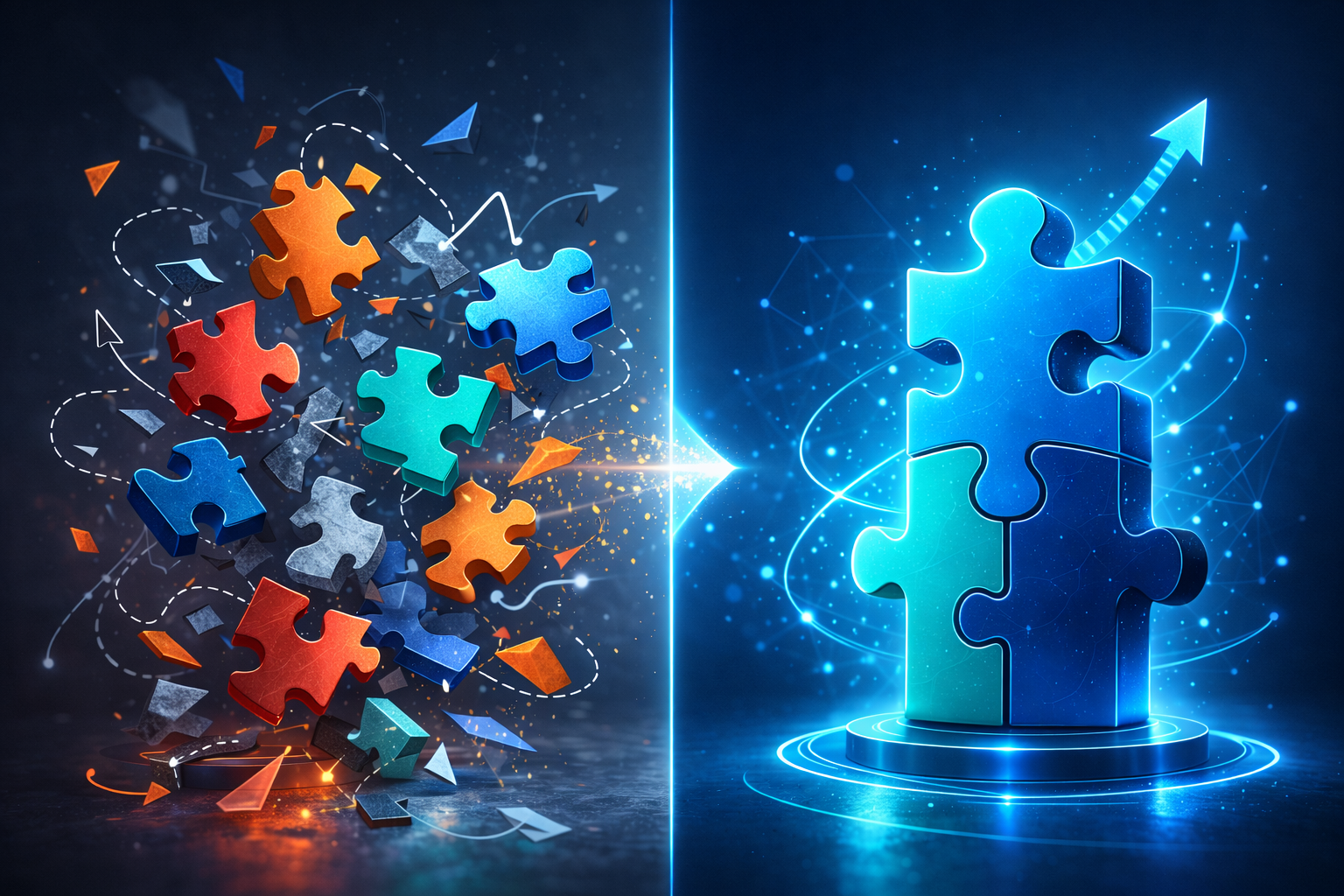 Split comparison showing fragmented puzzle pieces versus unified three-pillar structure